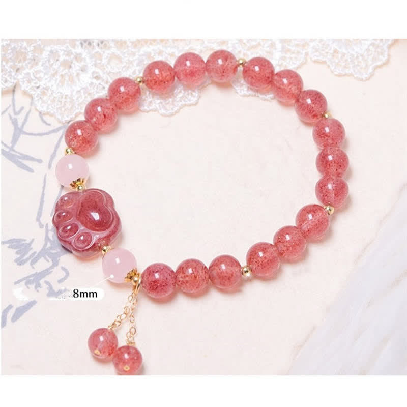 KarmaRipple's Authentic Strawberry Quartz Pink Gemstone Fortunate Cat Paw Love Bracelet p6