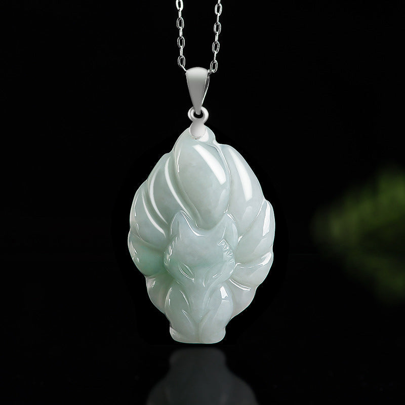 KarmaRipple's 925 Sterling Silver Authentic Jade Nine Tailed Fox Prosperity Pendant Necklace p1