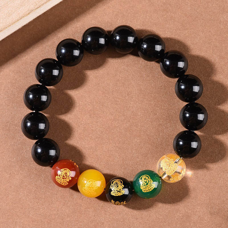 KarmaRipple's Gold Sheen Obsidian Rainbow Obsidian Black Obsidian Five Directions Gods of Wealth Bracelet p23