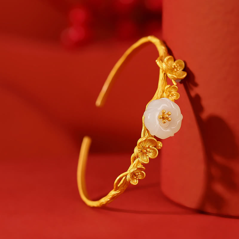 KarmaRipple's 925 Sterling Silver Plated Gold Hetian Jade Plum Blossom Fortune Pendant Necklace Bracelet Bangle Ring p10