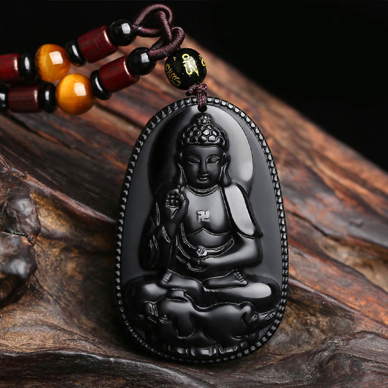 KarmaRipple's Chinese Zodiac Natal Buddha Authentic Black Obsidian Purification Pendant Necklace p1