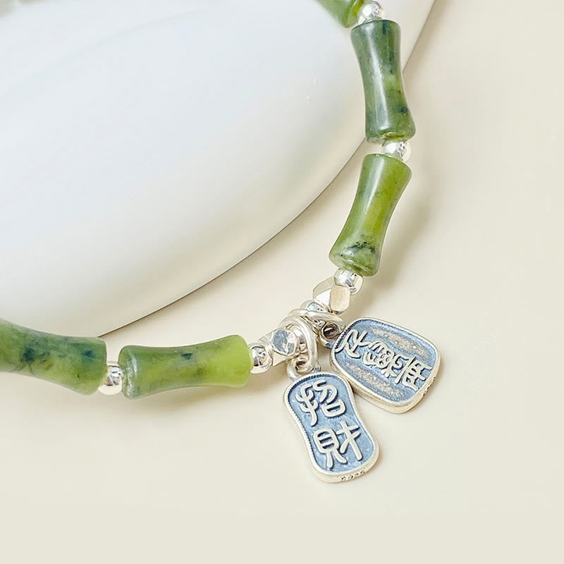KarmaRipple's 925 Sterling Silver Bamboo Jade Fortunate Cat Fu Character Fortune Abundance Bracelet p12
