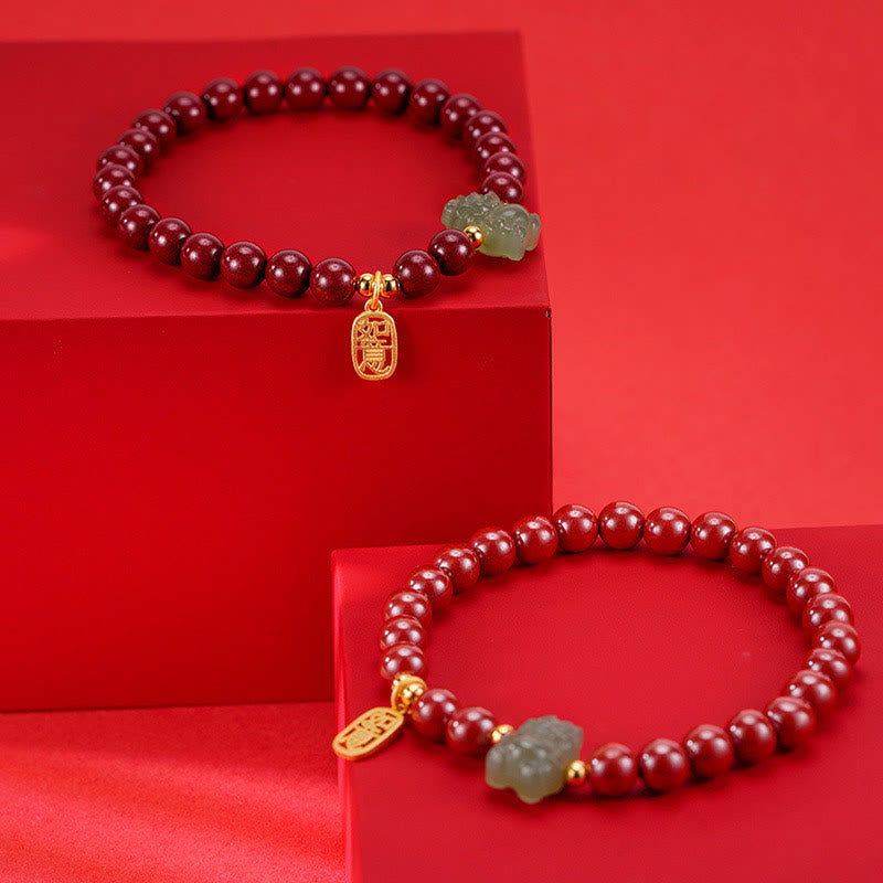 KarmaRipple's 925 Sterling Silver Year of the Dragon Authentic Cinnabar Hetian Jade Dragon Fu Character Ruyi As one'shes Talisman Blessing Bracelet ( p10