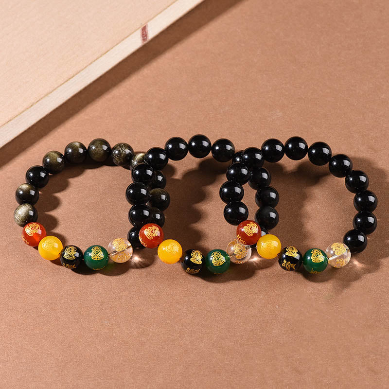 KarmaRipple's Gold Sheen Obsidian Rainbow Obsidian Black Obsidian Five Directions Gods of Wealth Bracelet p4