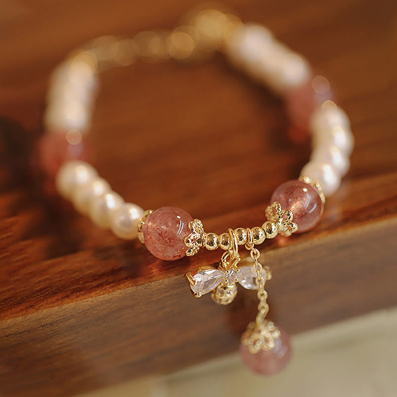 KarmaRipple's Authentic Pearl Strawberry Quartz Balancing Cute Honey Bee Talisman Bracelet p4