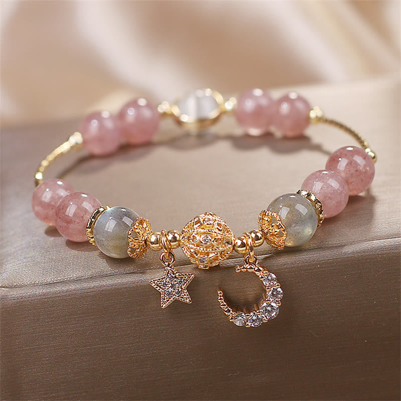 KarmaRipple's Strawberry Quartz Moonstone Moon Star Love Bracelet p4