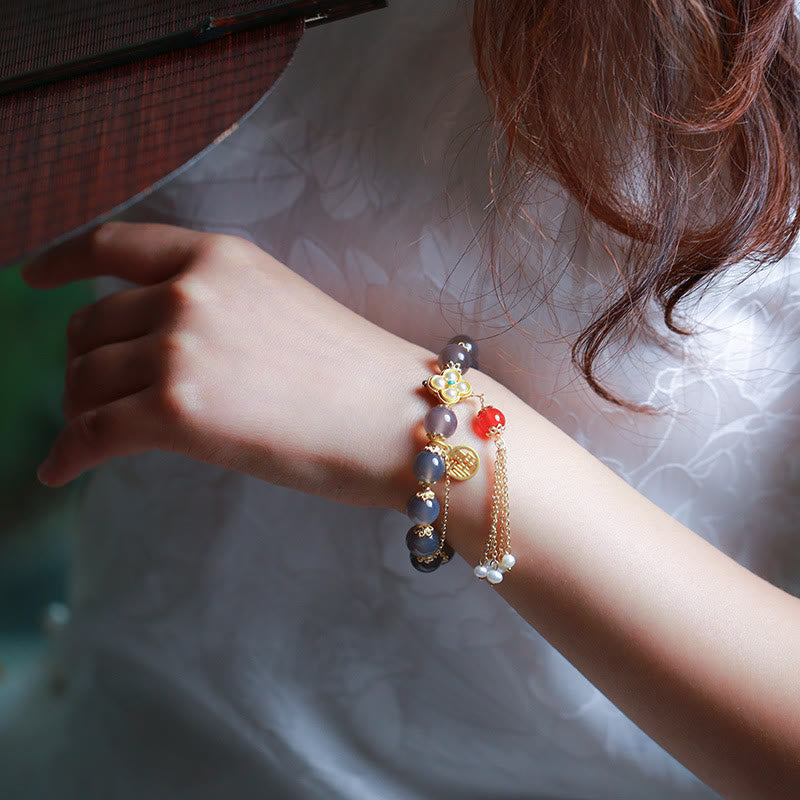 KarmaRipple's Authentic Gray Agate Fu Character Pearl Tassel Balance Bracelet p14