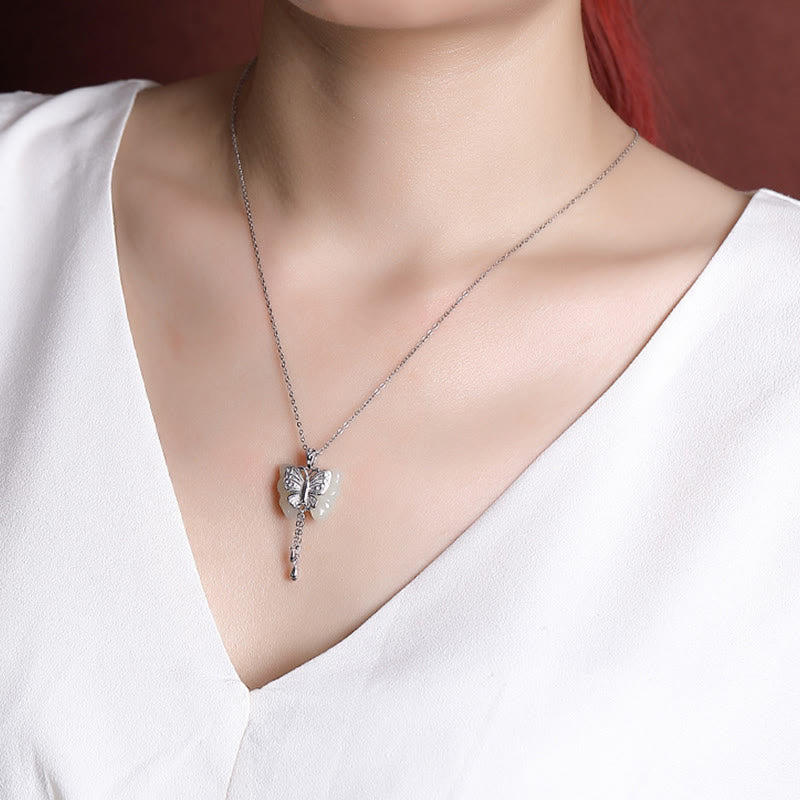 KarmaRipple's 925 Sterling Silver Plated Gold Hetian Ivory Jade Butterfly Blessing Pendant Necklace p11