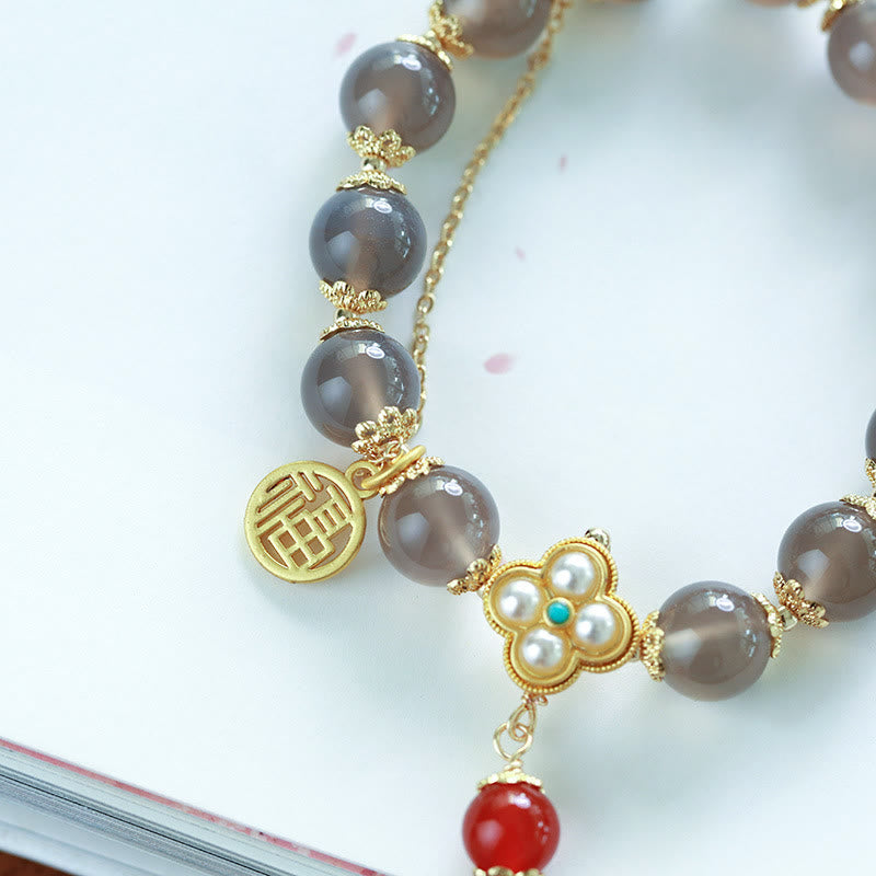 KarmaRipple's Authentic Gray Agate Fu Character Pearl Tassel Balance Bracelet p7