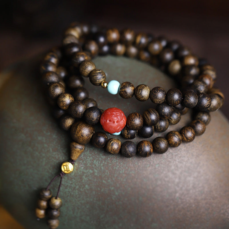 KarmaRipple's 108 Mala Beadwork Agarwood Red Agate Turquoise Peace Meditation Bracelet p2