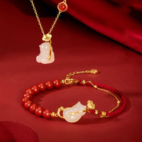 KarmaRipple's 925 Sterling Silver Plated 18K Gold Hetian Jade Ruyi Cat Cinnabar Fortune Bracelet Pendant Necklace Set