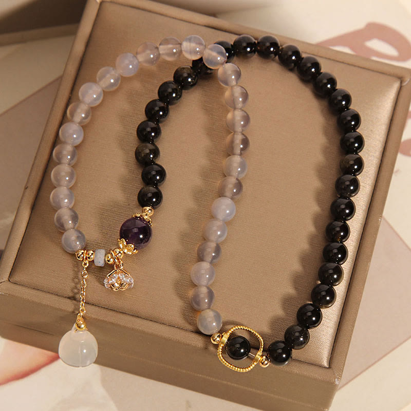 KarmaRipple's Gold Sheen Obsidian Gray Agate Lotus Talisman Strengthen Double Wrap Bracelet p4