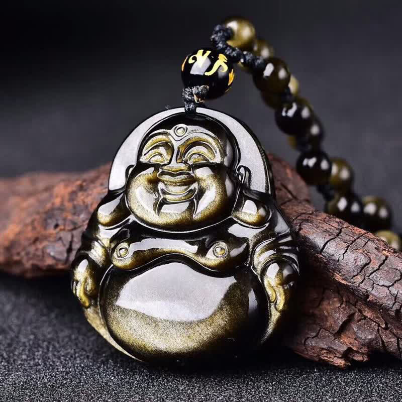 KarmaRipple's Laughing Buddha Gold Sheen Obsidian Wealth Pendant Necklace p1