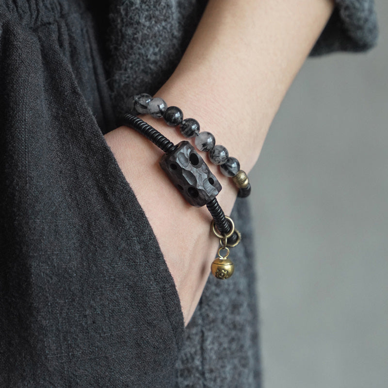 KarmaRipple's Black Rutilated Quartz Ebony Wood Bronze Wisdom Pair Bracelet p2