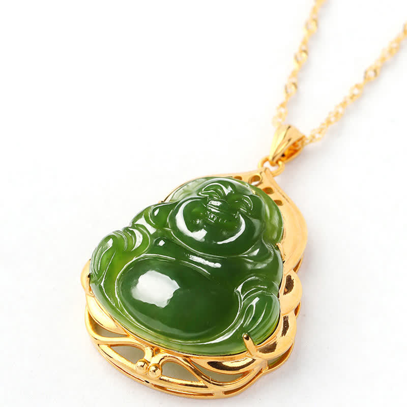 KarmaRipple's 925 Sterling Silver Authentic Hetian Cyan Jade Laughing Buddha 18K Gold Balancing Pendant Chain Necklace p12