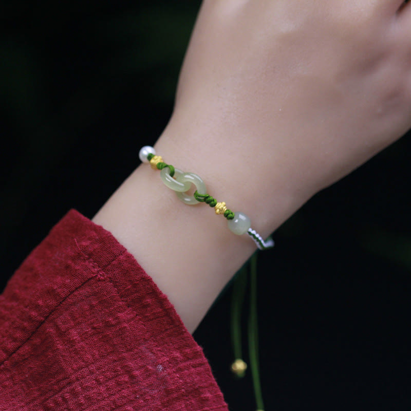KarmaRipple's 925 Sterling Silver Hetian Jade Double Peace Buckle Fortune Woven Bracelet p6
