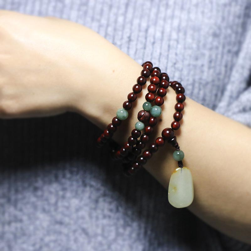 KarmaRipple's Tibetan Small Leaf Red Sandalwood Jade Mala Meditation Bracelet p5