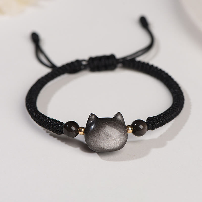 KarmaRipple's Handmade Authentic Silver Sheen Obsidian Strawberry Quartz Cute Cat Protection Woven Bracelet p19