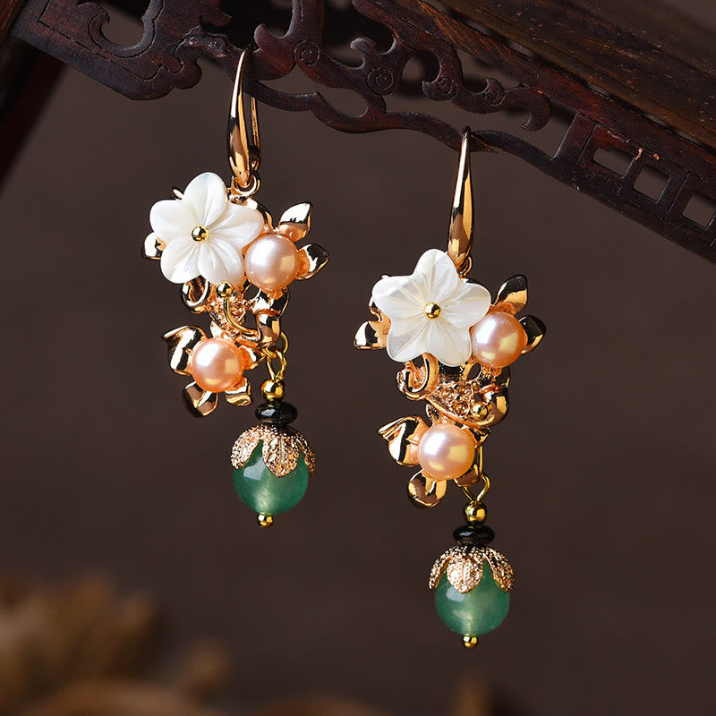 KarmaRipple's 14K Gold Plated Tridacna Stone Flower Pearl Green Aventurine Bead Drop Earrings p14