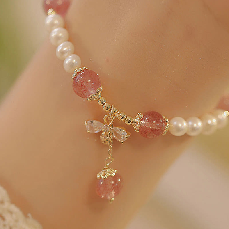 KarmaRipple's Authentic Pearl Strawberry Quartz Balancing Cute Honey Bee Talisman Bracelet p1