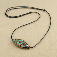 KarmaRipple's Tibet Turquoise Bead Marquise Pattern Protection Strength Pendant Necklace