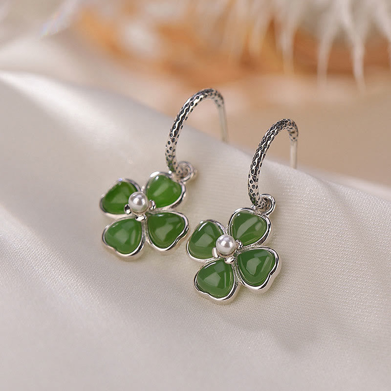 KarmaRipple's 925 Sterling Silver Authentic Cyan Jade Four Leaf Clover Fortune Success Earrings p17