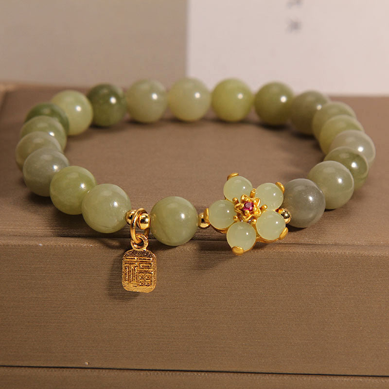 KarmaRipple's Green Jade Flower Fu Character Talisman Fortune Bracelet p1