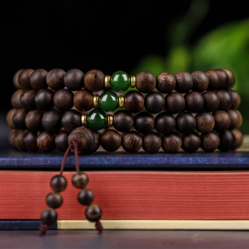 KarmaRipple's 108 Mala Beadwork Indonesia Tarakan Rare Agarwood Cyan Jade Ward Off Evil Spirits Bracelet p13