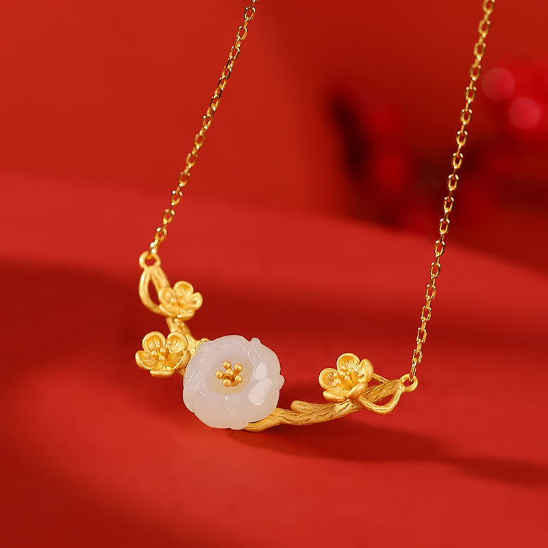KarmaRipple's 925 Sterling Silver Plated Gold Hetian Jade Plum Blossom Fortune Pendant Necklace Bracelet Bangle Ring p22