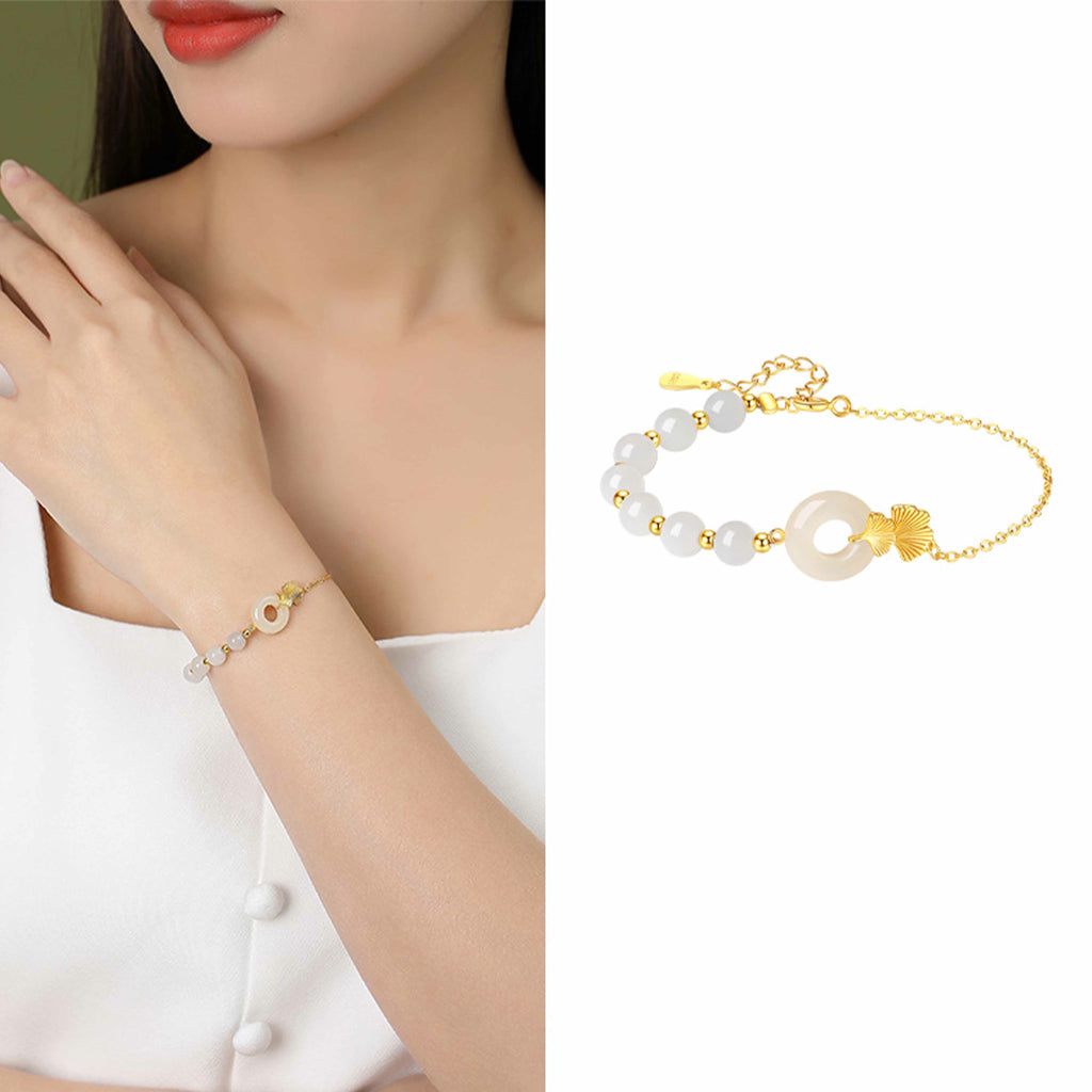 KarmaRipple's 925 Sterling Silver Hetian Ivory Jade Peace Buckle Ginkgo Leaf Fortune Bracelet p9