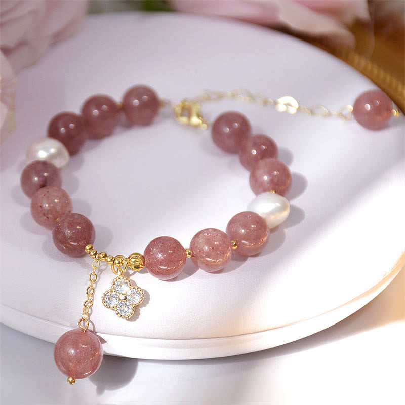 KarmaRipple's Authentic Strawberry Quartz Pearl Four Leaf Clover Love Bracelet p11