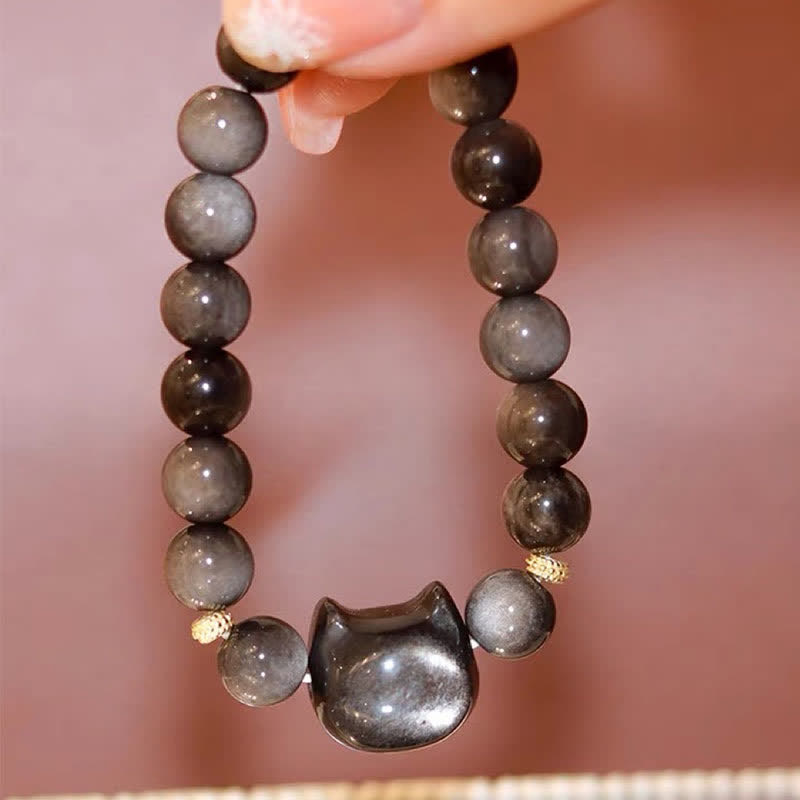 KarmaRipple's Gold Sheen Obsidian Silver Sheen Obsidian Lovely Paw Fortunate Cat Protection Bracelet p38