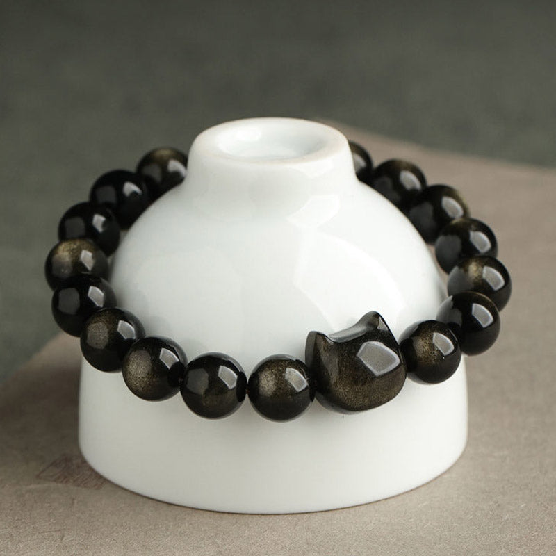 KarmaRipple's Gold Sheen Obsidian Silver Sheen Obsidian Lovely Paw Fortunate Cat Protection Bracelet p11