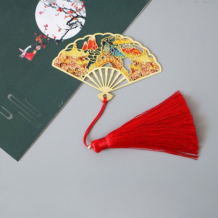 KarmaRipple's Traditional Butterfly Lotus Flower Crane Dragon Phoenix Fox Koi Fish New Beginning Metal Brass Hollow Fan Bookmarks p45