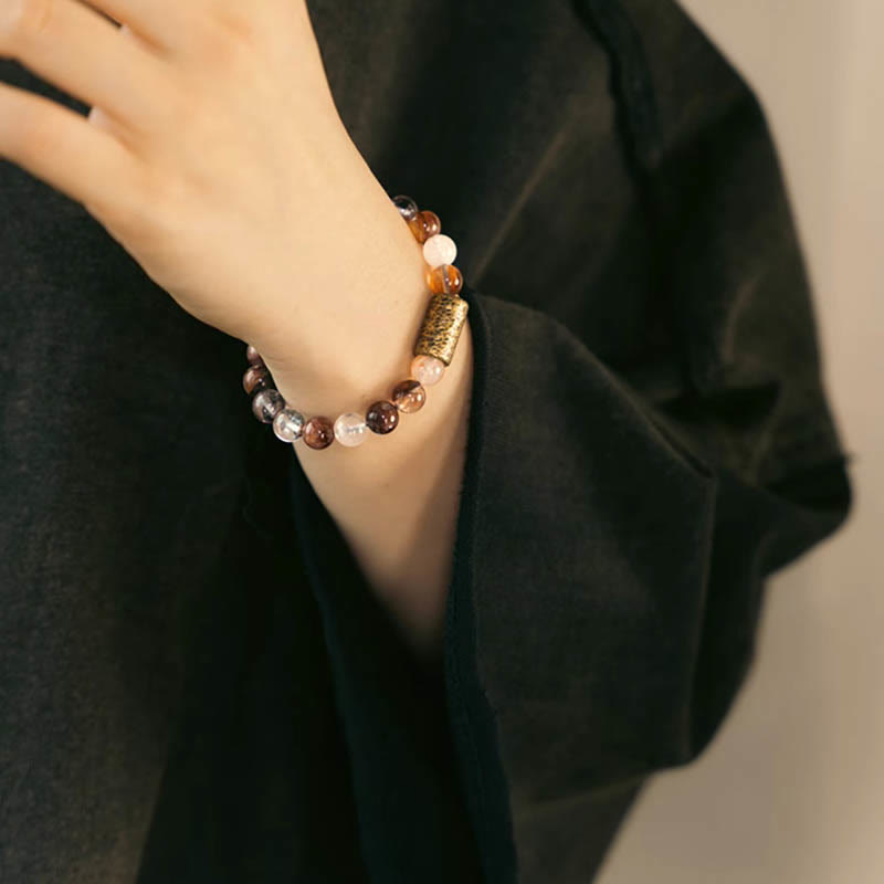 KarmaRipple's Ivory Gemstone Red Hematoid Quartz Gold Rutilated Quartz Purple Phantom Protection Bracelet p21