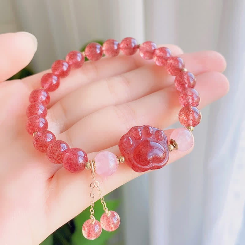 KarmaRipple's Authentic Strawberry Quartz Pink Gemstone Fortunate Cat Paw Love Bracelet p4