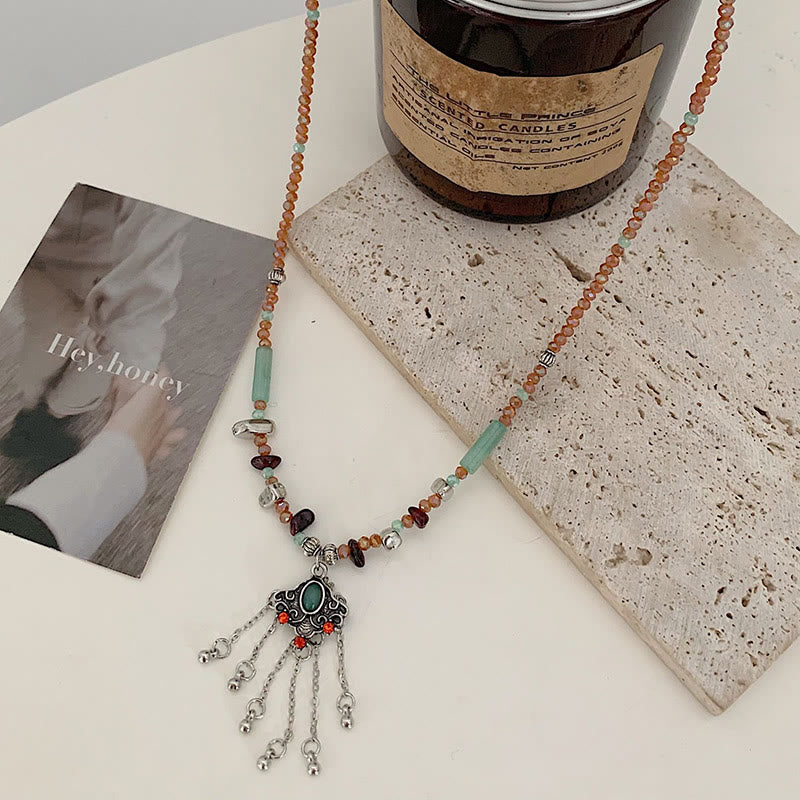 KarmaRipple's Tibetan Gemstone Stone Bronze Fortune Tassel Pendant Necklace p3