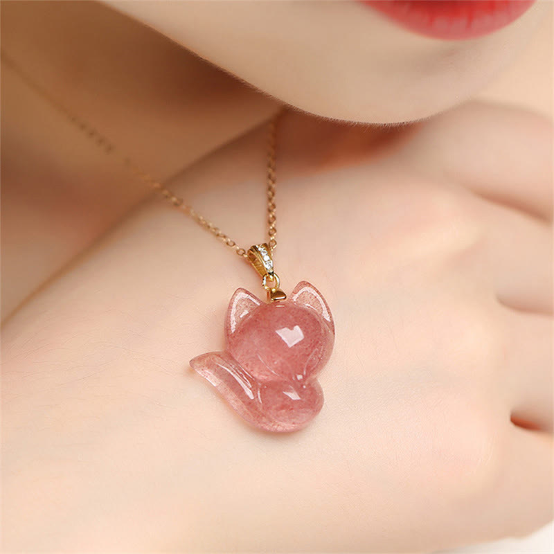 KarmaRipple's 14k Gold Plated 925 Sterling Silver Strawberry Quartz Fox Balancing Pendant Necklace p5