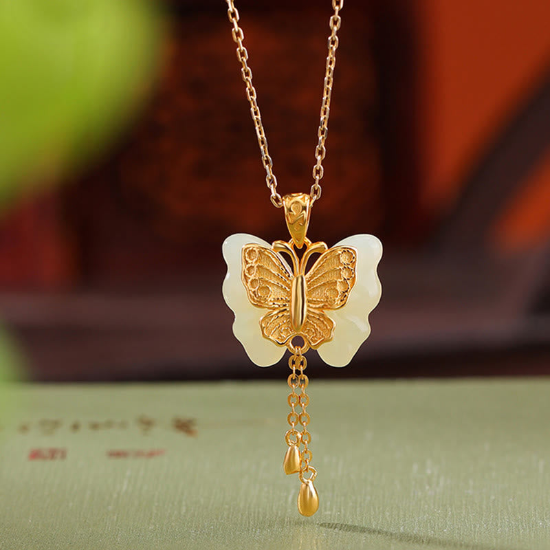 KarmaRipple's 925 Sterling Silver Plated Gold Hetian Ivory Jade Butterfly Blessing Pendant Necklace p4
