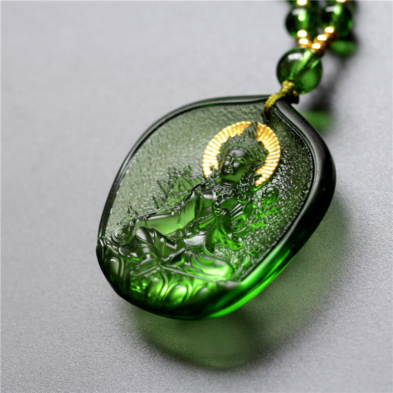 KarmaRipple's Tibetan Green Tara Buddha Gold Plated Liuli Gemstone Protection Pendant Necklace p5