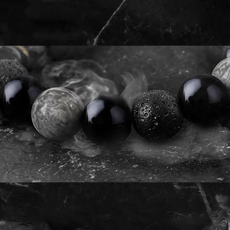 KarmaRipple's Black Obsidian Lava Rock Stone Yin Yang Strength Bracelet p9