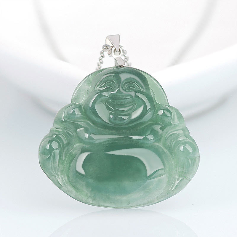 KarmaRipple's 925 Sterling Silver Laughing Buddha Jade Protection Calm Pendant Chain Necklace p1