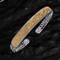 KarmaRipple's Tang Dynasty Flower Design Engraved Bronze Fortune Cuff Bracelet Bangle Adjustable Ring