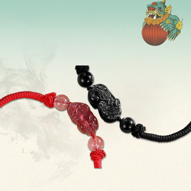KarmaRipple's Handmade Authentic Silver Sheen Obsidian Strawberry Quartz PiXiu Protection Woven Bracelet p10