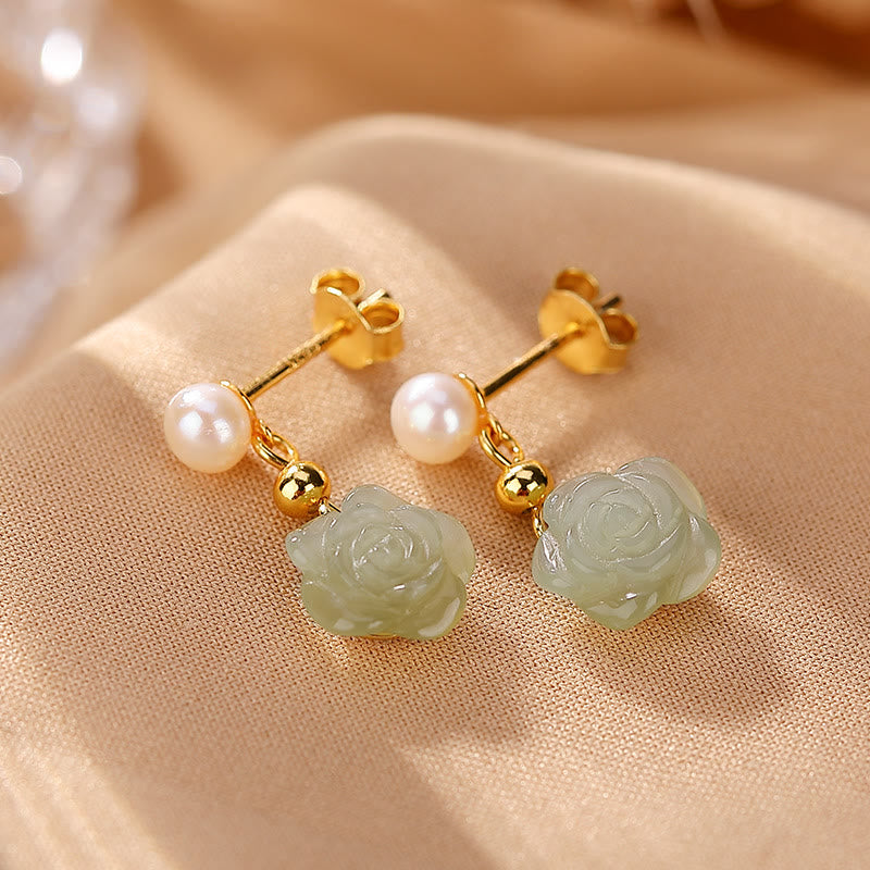KarmaRipple's 925 Sterling Silver Plated Gold Jade Rose Flower Cyan Jade Pearl Fortune Earrings p11