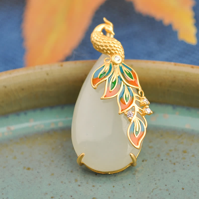 KarmaRipple's Ivory Jade Peacock Protection Pendant Chain Necklace p3
