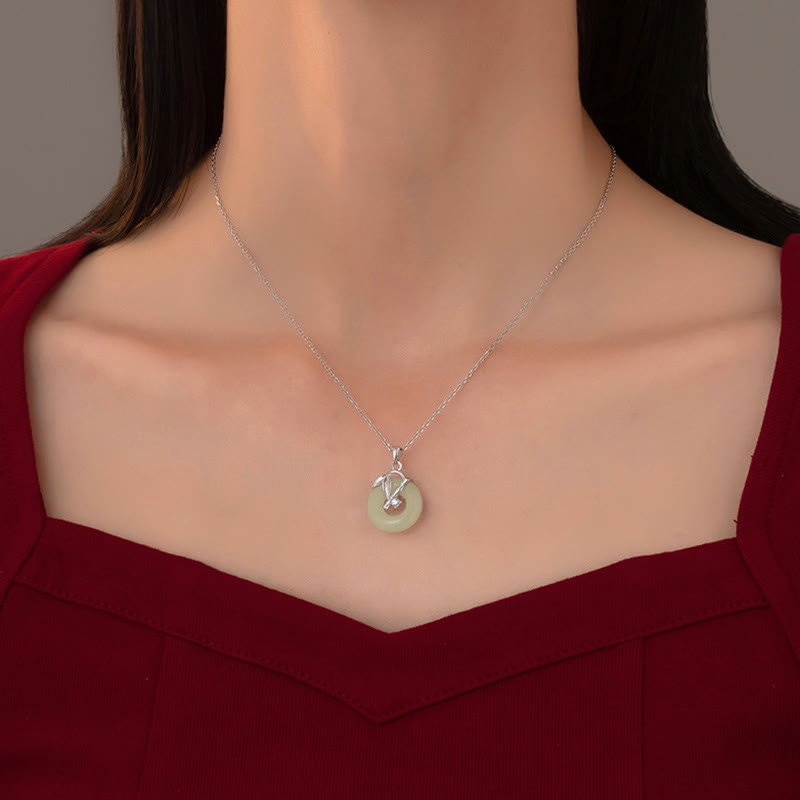 KarmaRipple's 925 Sterling Silver Hetian Jade Bamboo Leaf Peace Buckle Prosperity Pendant Necklace p5