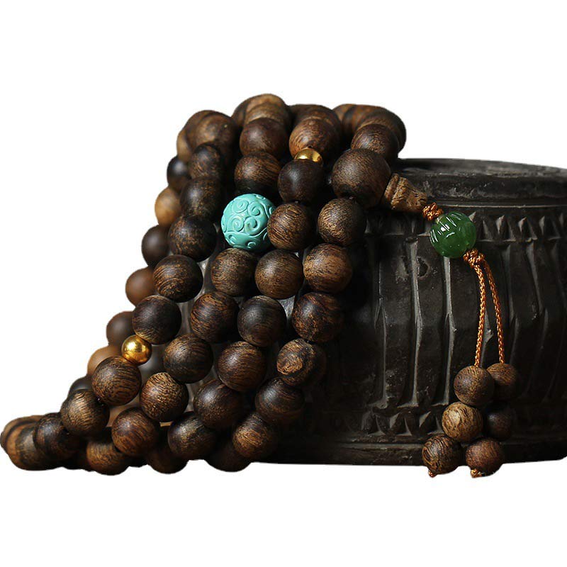 KarmaRipple's 108 Mala Beadwork Nha Trang Agarwood Turquoise Prayer Meditation Bracelet Mala p7
