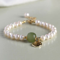 KarmaRipple's Authentic Pearl Hetian Jade Happiness Balancing Bead Bracelet