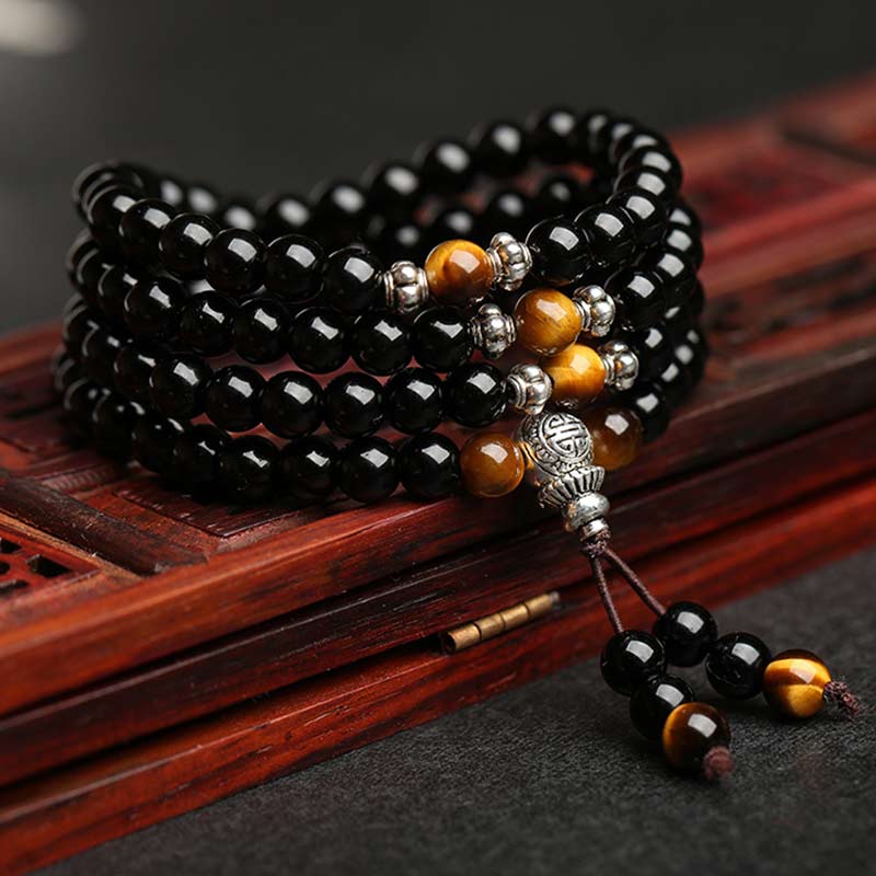 KarmaRipple's Black Obsidian Tiger Eye Blessing Mala Bracelet p1